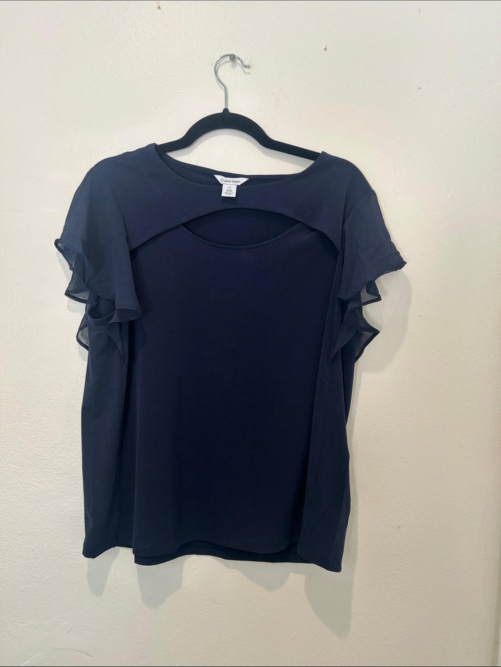 Calvin Klein Navy Ruffle Sleeve Cutout Blouse